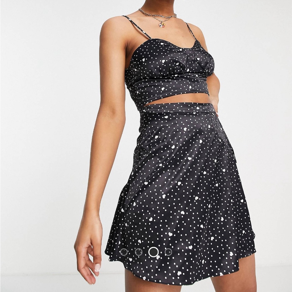 Miss Selfridge heart print wrap skirt and crop top set